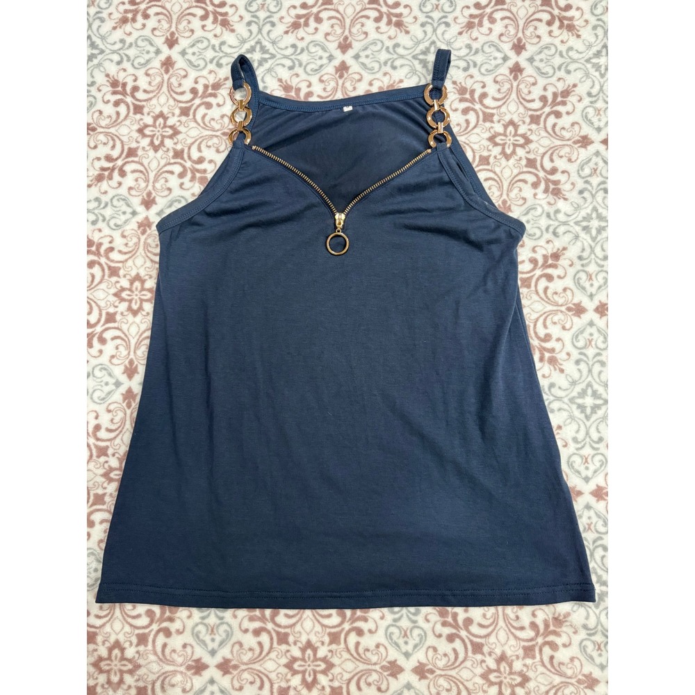 Navy Tank Top with Gold Ring & Chain Strap Detail
